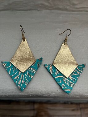 Gold and Teal Diamond-Layer Leather Drop Earrings
